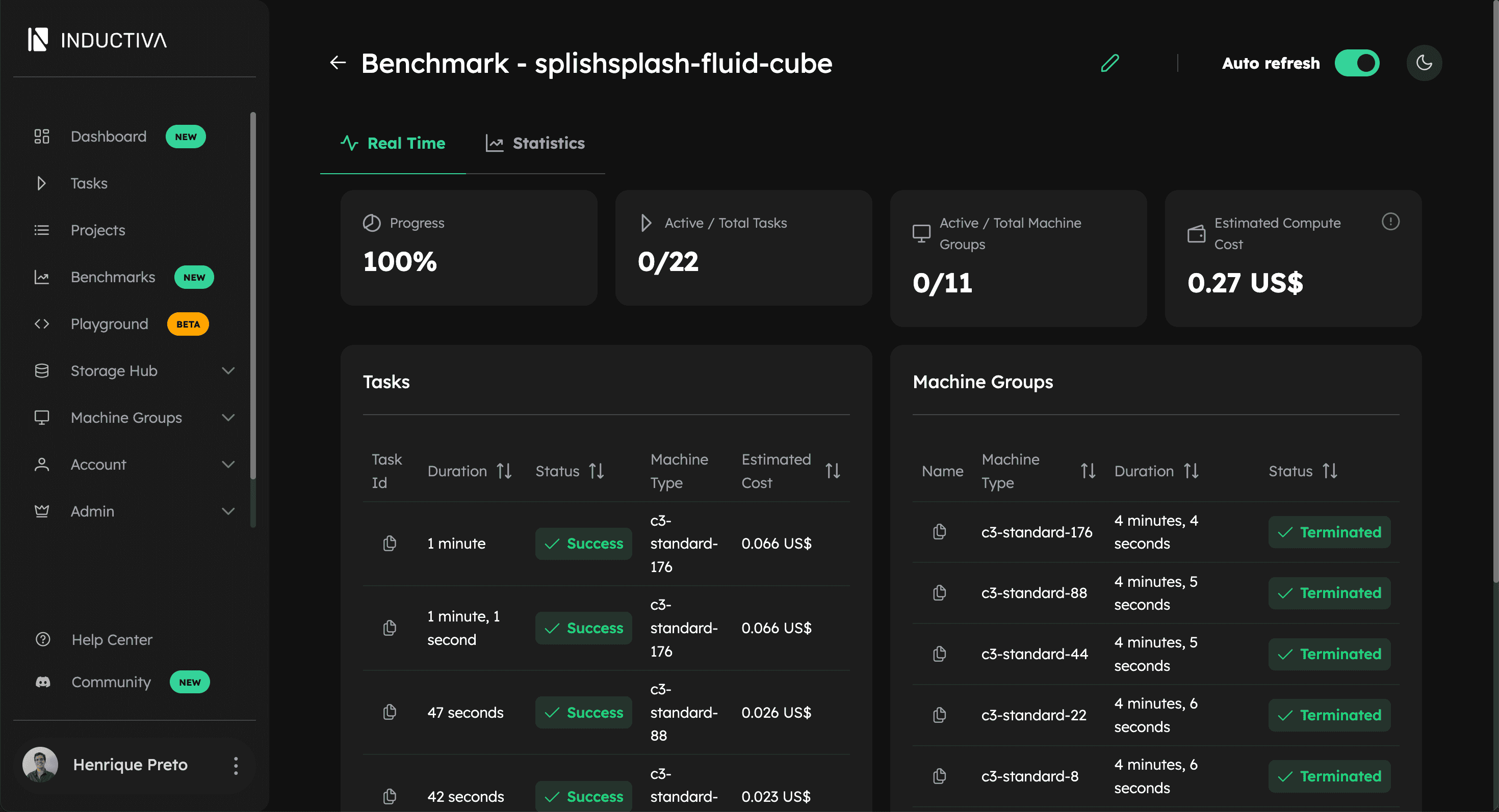Benchmark Real Time tab