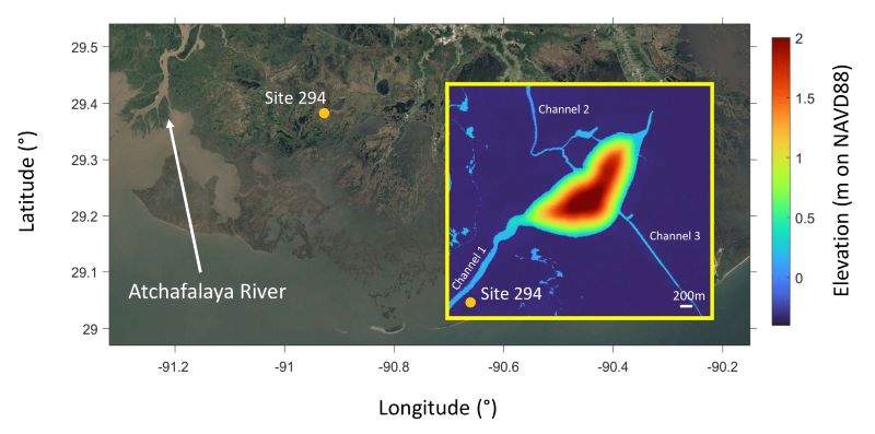 Satellite image of Terrebonne Bay, Louisiana, USA with location of Site 294. Inset shows bathymetry of this intensive site.