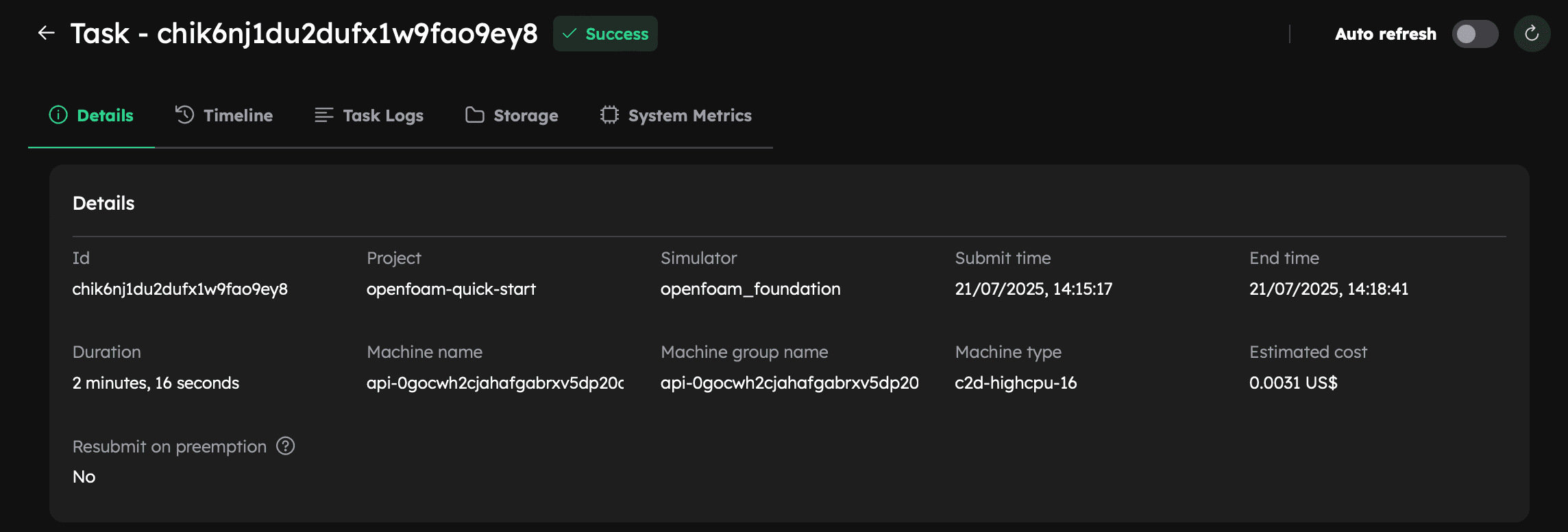 Task details panel in the Inductiva Console, showing runtime information, machine configuration, and cost estimate.